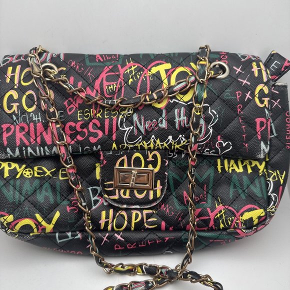 Alba Cross Body Black Graffiti 3 Compartment Handbag - Picture 2 of 5